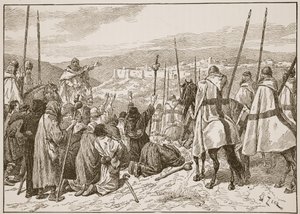 Pielgrzymi pod eskortą templariuszy, w zasięgu wzroku Jerozolimy, ilustracja z „Kościoła anglikańskiego: historia dla ludu” autorstwa H.D.M. Spence-Jones, wyd. ok. 1910 (zdjęcie w sepii)